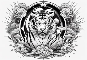 Tiger design with lightning and the sun for a forearm sleeve tattoo idea