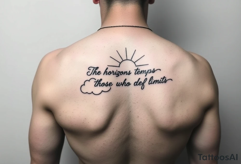 Falling angles in clouds with sunshine that says the horizon temps those who defy limits in cursive on the top on a forearm tattoo idea