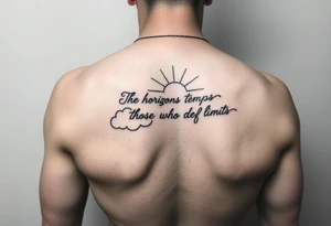 Falling angles in clouds with sunshine that says the horizon temps those who defy limits in cursive on the top on a forearm tattoo idea