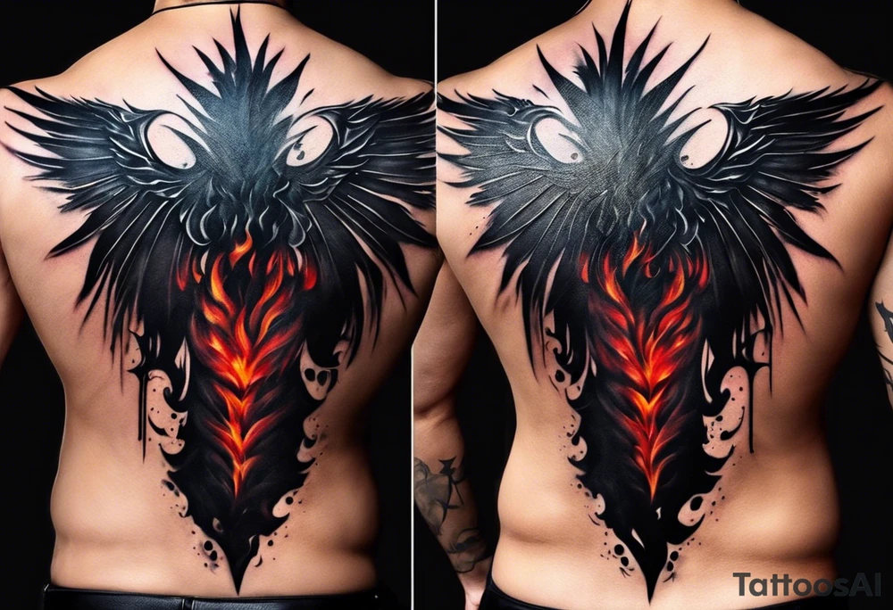 Certainly! Here’s a description for your back tattoo:

---

**Tattoo Description:**

Design: Black work, paint strokes.
Location: Back.
Concept: Dante's Inferno, representing the layers of hell.

**Design Details:**

1. **Vertical Lines:**
   - Two bold, vertical lines run parallel up the spine, symbolizing the journey through the depths of Dante's Inferno.

2. **Horizontal Lines:**
   - Nine horizontal lines intersect the vertical lines, each representing one of the nine circles of hell.
   - The lines descend down the back, each becoming progressively shorter and narrower to signify the decreasing levels of hell's circles.
   - The paint stroke style gives the lines a dynamic, brush-painted appearance, enhancing the dramatic and artistic effect.

3. **Overall Style:**
   - The black work technique ensures a striking contrast, with deep black ink emphasizing the severity and depth of the concept.
   - The paint stroke style adds an element of fluidity and movement, symbolizing the chaotic and tortured nature of hell as depicted in Dante’s Inferno.

---

This description provides a clear and detailed vision for your tattoo artist to work from, capturing the essence and symbolism of Dante’s Inferno in a powerful and visually striking way. tattoo idea