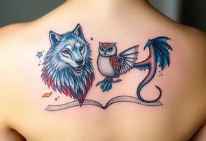 An open book with a werewolf, an owl & a dragon tattoo idea