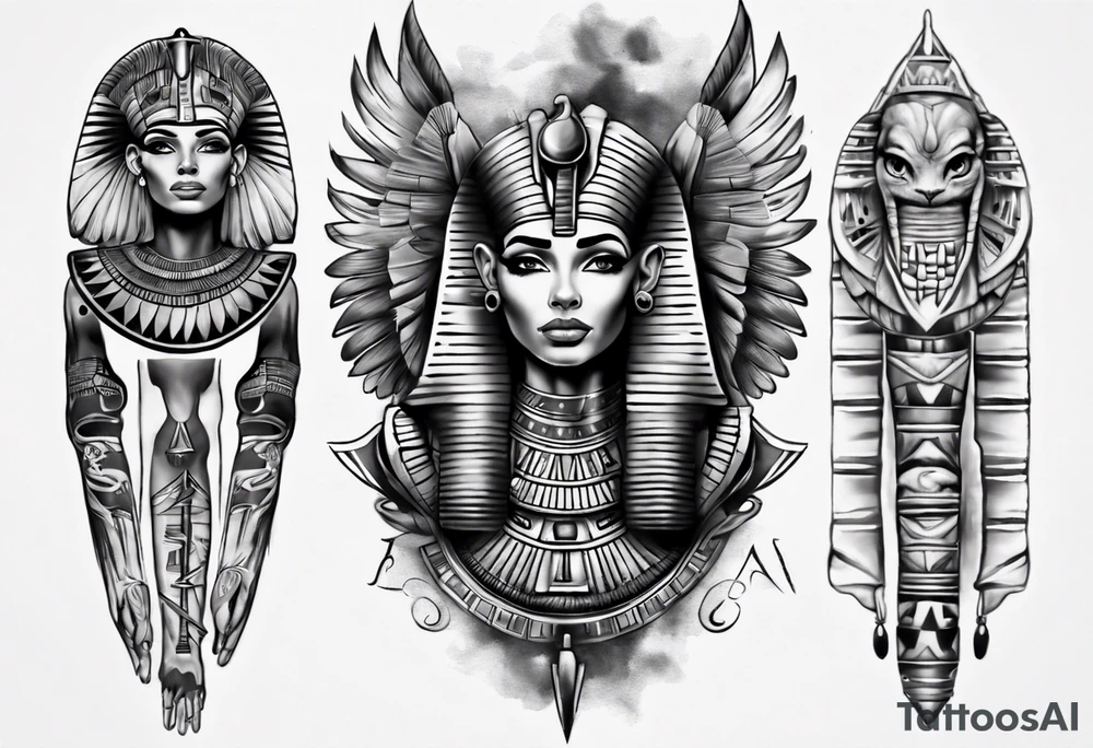 Egyptian sleeve realistic tattoo idea
