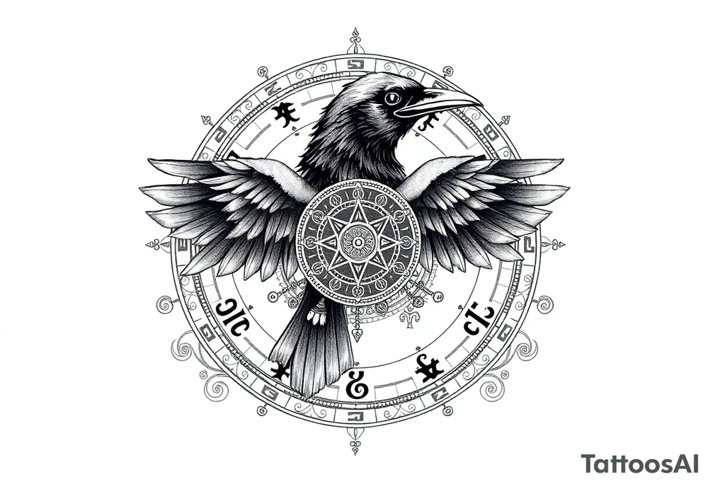 zodiac symbols runes within ornate clockwork mechanism raven tattoo idea