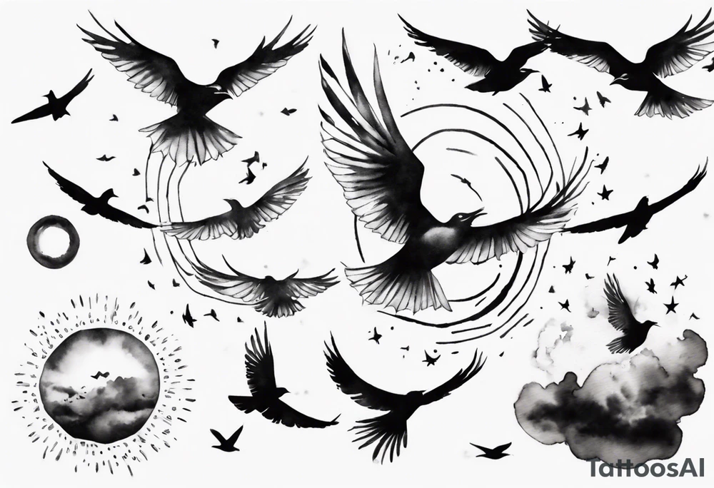 a shoulder tattoo with lots of rays of light in gradient starting from the middle
, clouds and birds flying free tattoo idea
