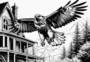 Hawk taking off from collapsing house tattoo idea