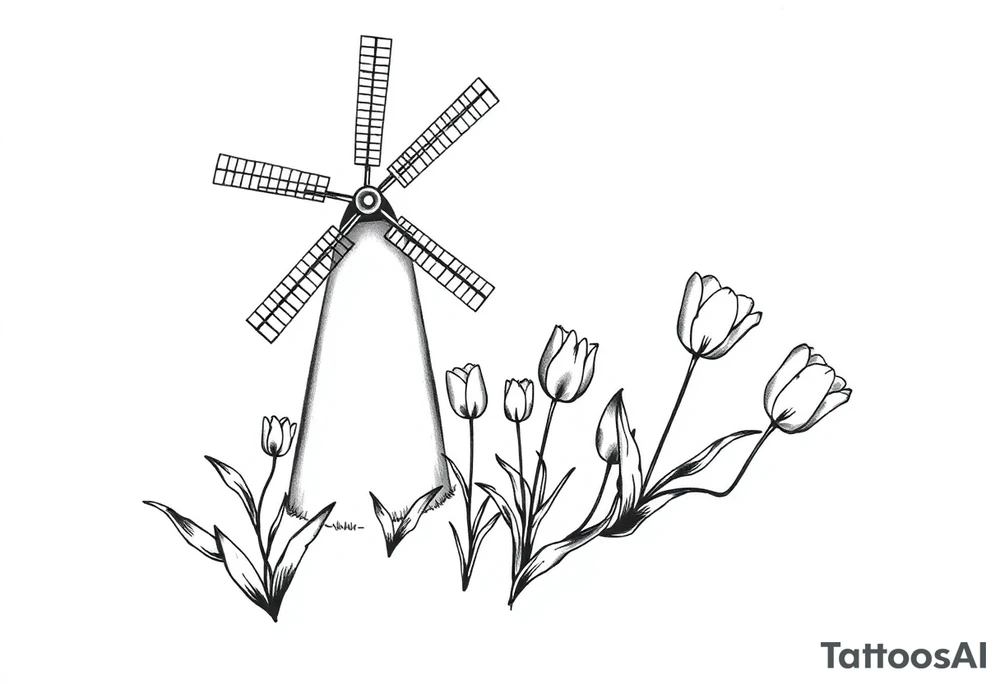 Dutch windmill with tulips tattoo idea