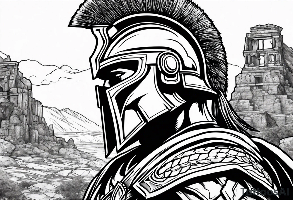 close up of spartan solider looking at distant ruins tattoo idea