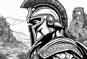 close up of spartan solider looking at distant ruins tattoo idea