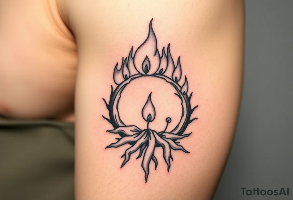 flame in a roots circle, with little sprouts on the archway tattoo idea