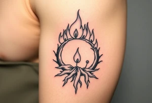 flame in a roots circle, with little sprouts on the archway tattoo idea