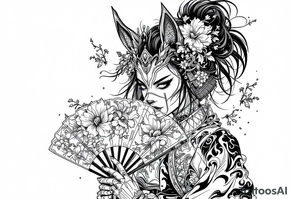 japanese samurai woman wearing a kitsune half-mask and  holding a fan with irises flowers ornement tattoo idea