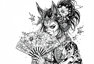 japanese samurai woman wearing a kitsune half-mask and  holding a fan with irises flowers ornement tattoo idea