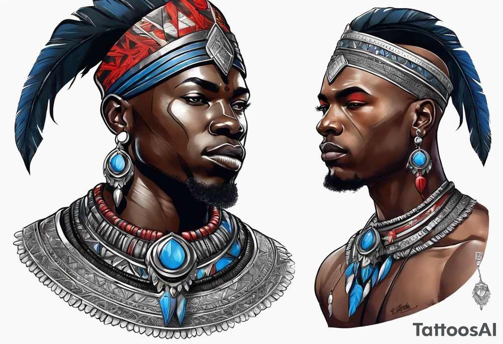 Black-skinned bald african warrior. He wears a simple and small silver crown. He uses two simple necklaces: one blue, other red. tattoo idea
