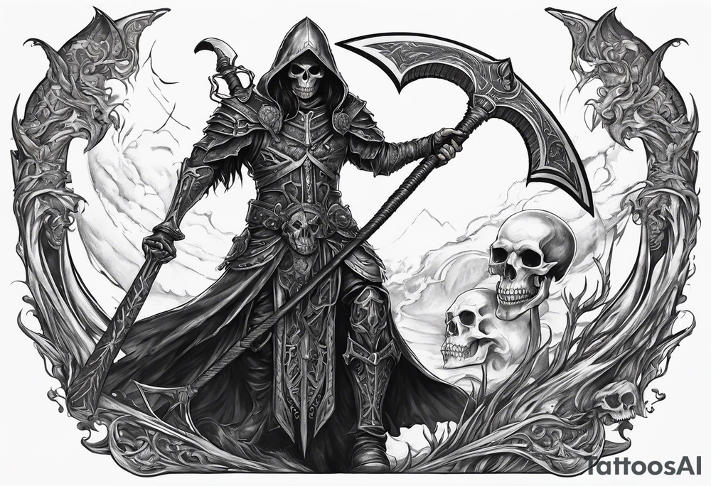 Necromancer holding a large scythe in 1 hand and raising a skeletal warrior under his other hand that is glowing tattoo idea