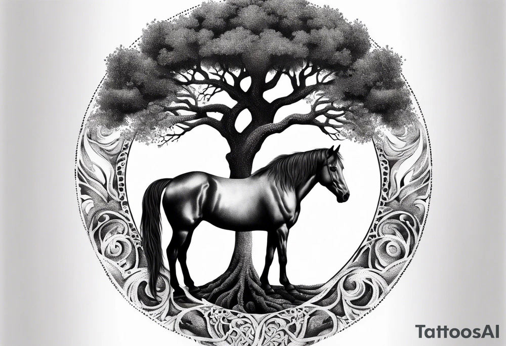 Realistic Horse and Yggdrasil tree tattoo idea