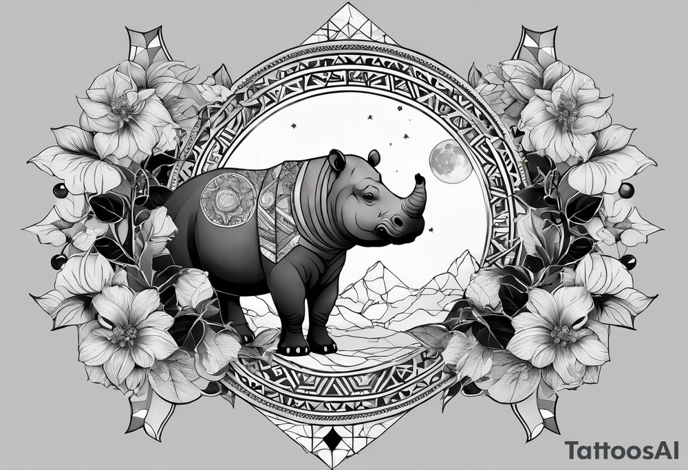 Very asymmetrical, +geometric pattern, with realistic full moon, with hippo,+tribal, +geometric, +inkart , +blackwork, +grey scale, + sketch
with wintersweet flower bud, +inkart touch, +for men, detailed , combined favourite , tattoo idea