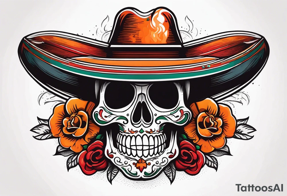 Mexican skull with sombrero with smoke coming out of the bottom orange and red tattoo idea