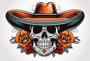 Mexican skull with sombrero with smoke coming out of the bottom orange and red tattoo idea