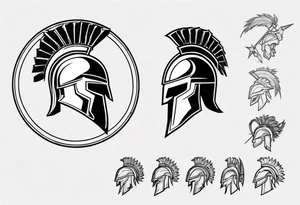 ultra-fine line linework vector of a spartan from the side, spartan spear, spartan shield, laurel wreath tattoo idea