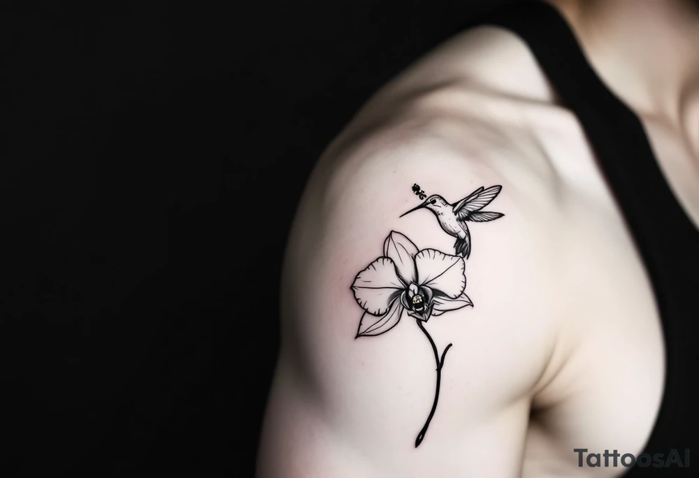 A delicate, black and white fine-line tattoo for male, featuring gracefully detailed 2 orchids in full bloom including their stems, with soft, intricate petals and elegant curves. Beside it, a hummingbird hovers mid-flight, its wings drawn with subtle motion lines, its slender beak reaching toward the orchid’s center to drink its nectar. on the other flower there is a bee that is resting tattoo idea