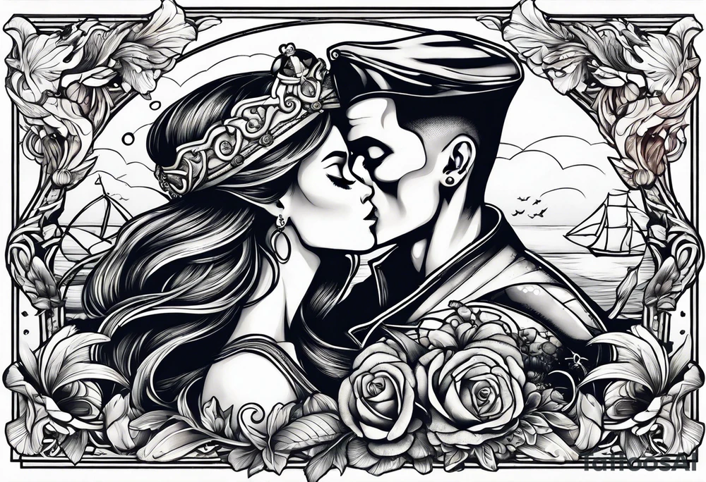 mermaid kissing a sailor with skulls tattoo idea