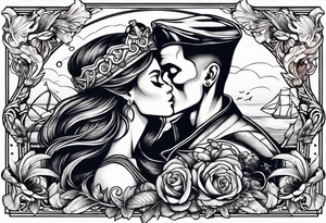 mermaid kissing a sailor with skulls tattoo idea