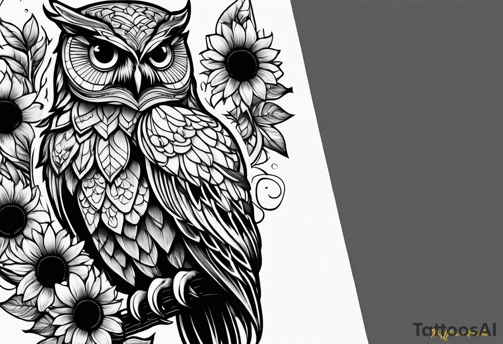 Black and white owl with sunflowers leg sleeve tattoo idea