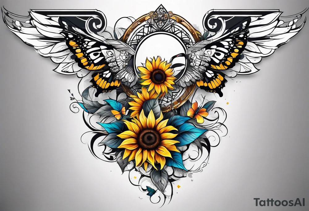 Arm sleeve with Winged cross with sunflower and butterflies tattoo idea