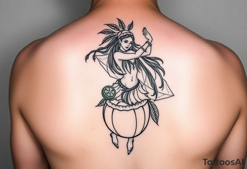 Dancing free spirit girl with a lime in a coconut tattoo idea