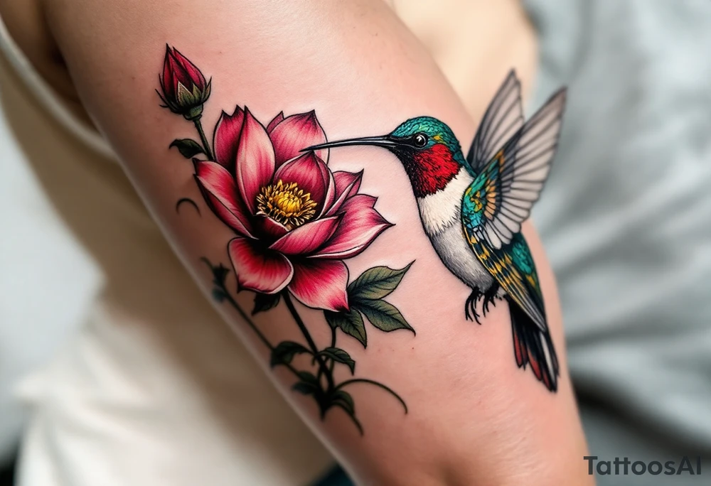 hummingbird drinking lotus flower, egyptian theme. Red and black colors only tattoo idea