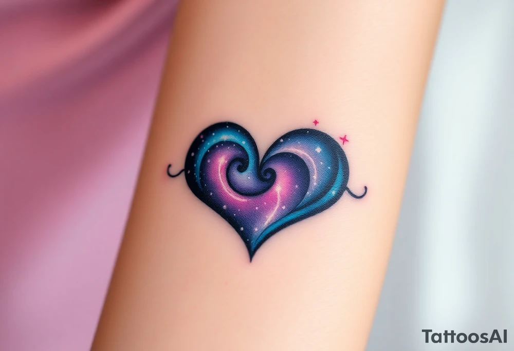 Full infinity symbol with a heart made of swirling galaxy patterns, featuring deep blues, purples, and subtle stardust tattoo idea