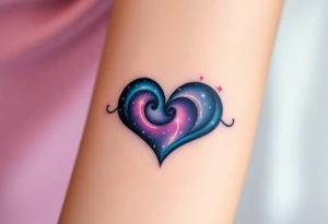 Full infinity symbol with a heart made of swirling galaxy patterns, featuring deep blues, purples, and subtle stardust tattoo idea
