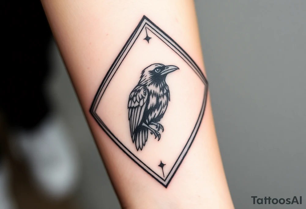 Geometric diamond with lines going around with a big detailed crow in center with a lot of shading tattoo idea
