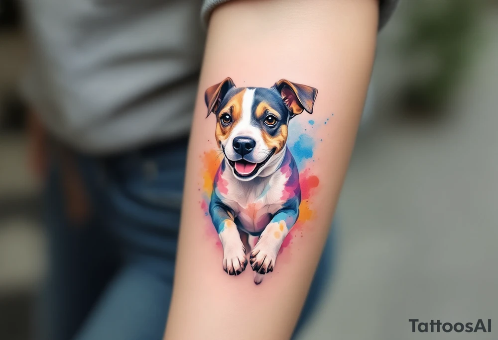 Stafford in Watercolor Style – A cheerful Stafford dog mid-run, surrounded by splashes of vibrant blue, pink, and yellow watercolor strokes. tattoo idea
