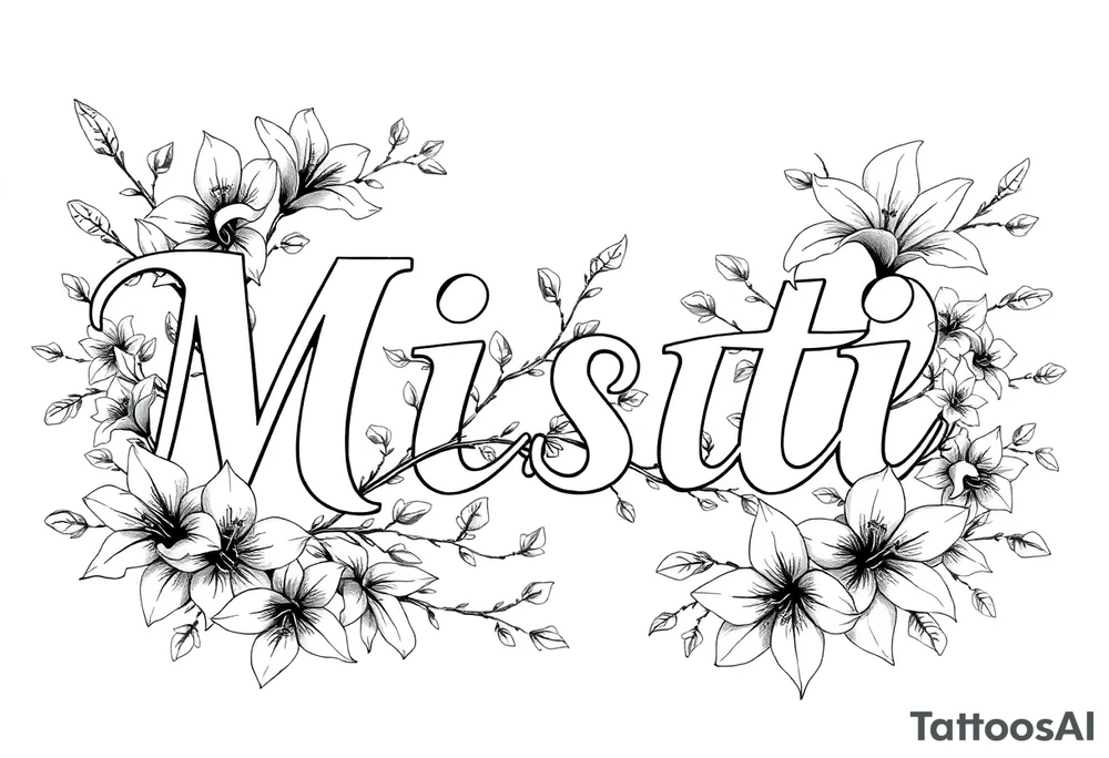 The word Misti surrounded by flowers, lilies. Vine in the letters. tattoo idea