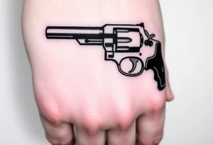 Actual size Revolver .45 caliber elegant but simple art work on gun. With barrel being pointer finger and but of gun near wrist. tattoo idea