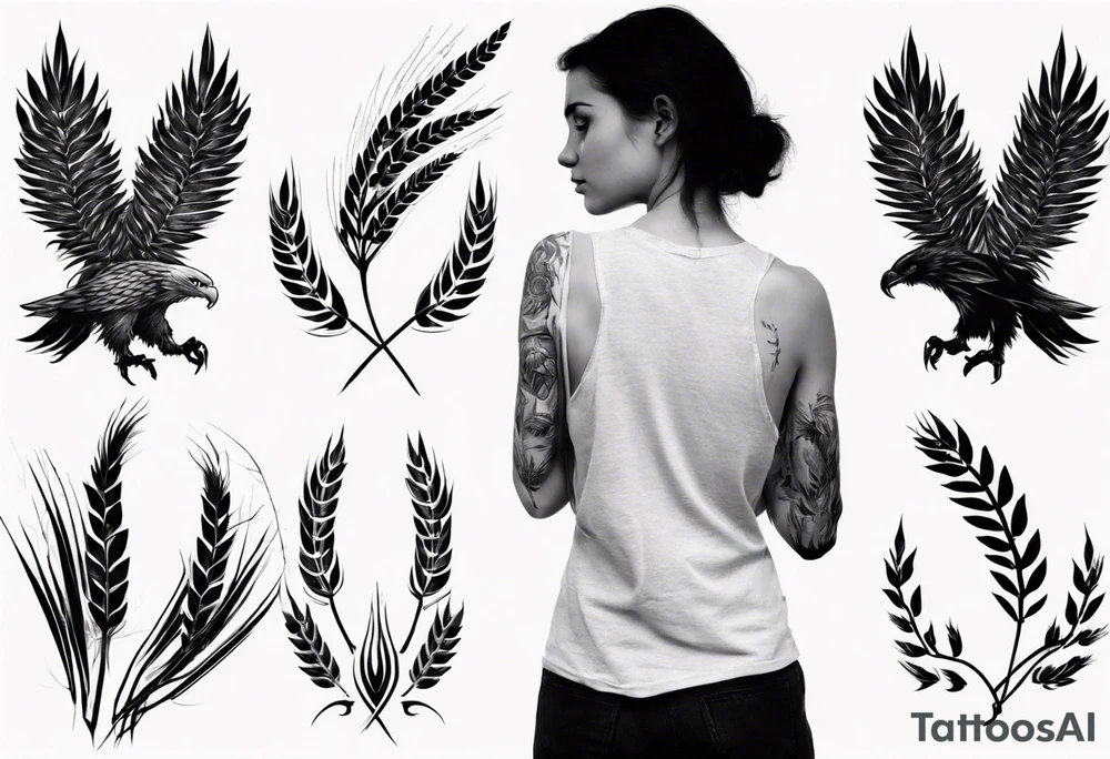 girl holding wheat eagle tattoo idea