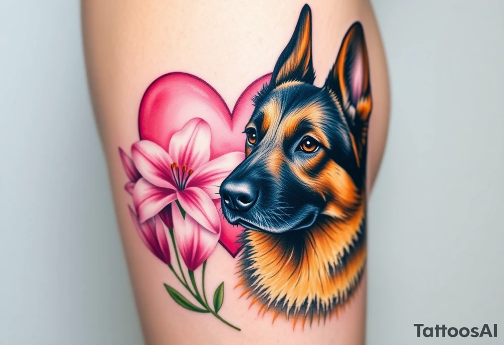 realistic german shepherd looking protective with pink lilies in front of a sacred heart tattoo idea
