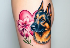 realistic german shepherd looking protective with pink lilies in front of a sacred heart tattoo idea
