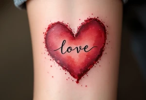 A red watercolor heart with the child’s name in elegant black script across the center. tattoo idea