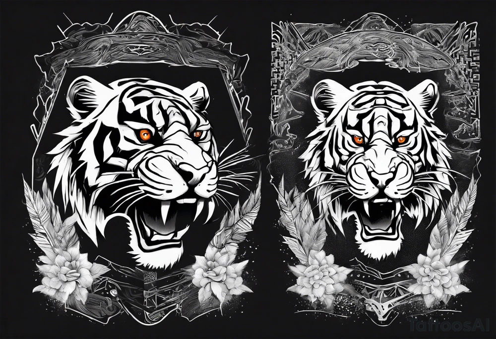 Ancient tiger with lightning and a sun for a forearm sleeve. With patterns surrounding it tattoo idea Ancient tiger with lightning and a sun for a forearm sleeve. With patterns surrounding it tattoo idea