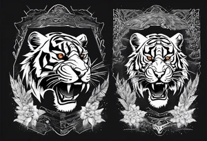 Ancient tiger with lightning and a sun for a forearm sleeve. With patterns surrounding it tattoo idea