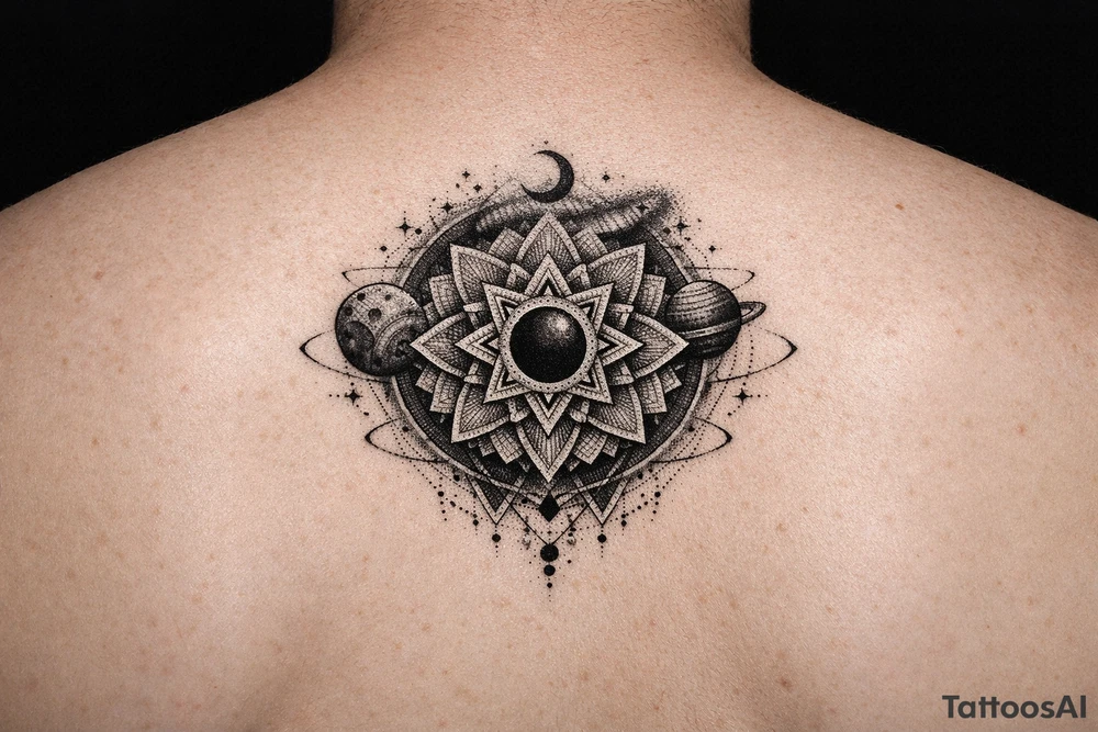 intricate mandala with sacred geometry and cosmic elements tattoo idea