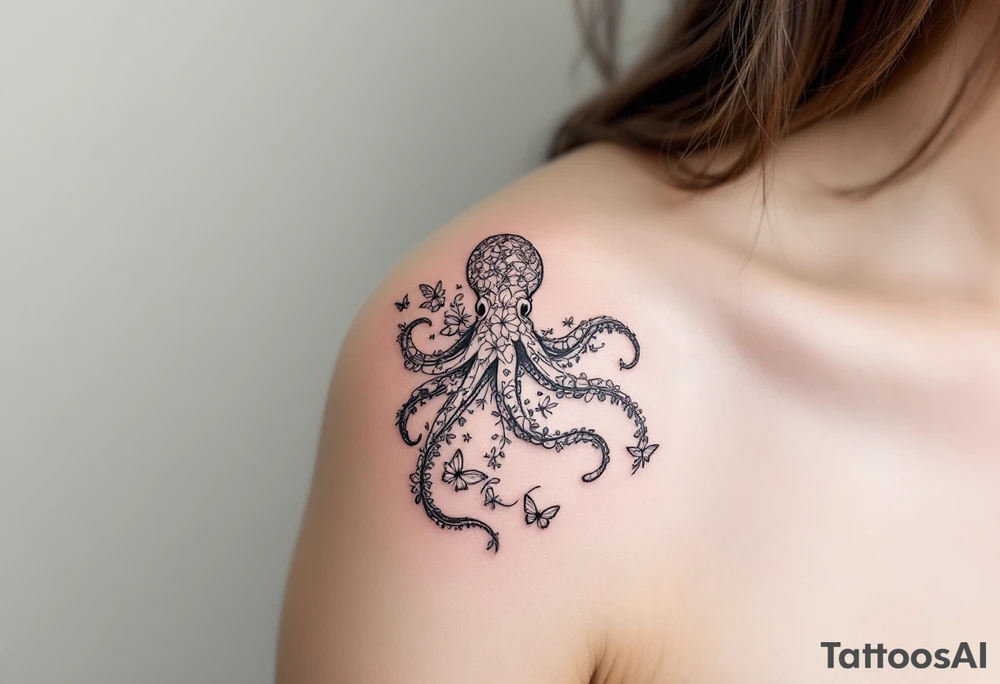 A simple fine-line tattoo design of a single octopus made entirely of flowers and butterflies. The octopus’s tentacles are shaped like flowing floral vines with leaves and petals, and its body is composed of overlapping blossoms and butterfly wings. Incorporate sacred geometry. The style is minimalist, elegant, and nature-inspired, with delicate black and grey lines, soft shading, and no outlines. No aquatic or marine elements besides the floral octopus. Simple. The design flows organically down the upper arm or shoulder, with a light, airy feel, minimalist tattoo idea