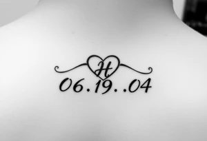 06-09-04 written and under the date is a heart inside the heart is a letter H in cursive on the lower back waist tattoo idea