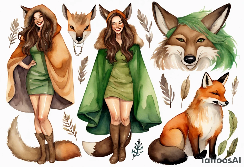a watercolor of a curvy woman with long brown hair and light brown skin and green eyes wearing a fur cloak laughing standing next to a fox and moose tattoo idea