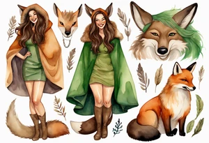 a watercolor of a curvy woman with long brown hair and light brown skin and green eyes wearing a fur cloak laughing standing next to a fox and moose tattoo idea