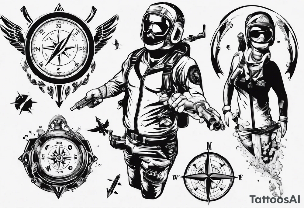 skydiving, shooting guns, compass, adventure tattoo idea