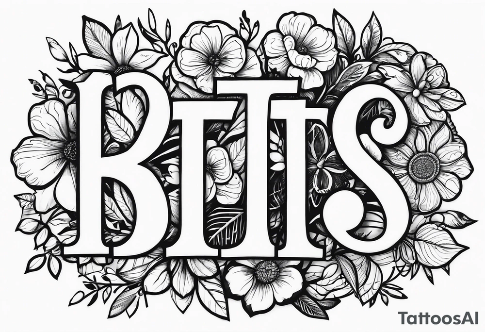 The letters "BTTS" written in a flower stem tattoo idea