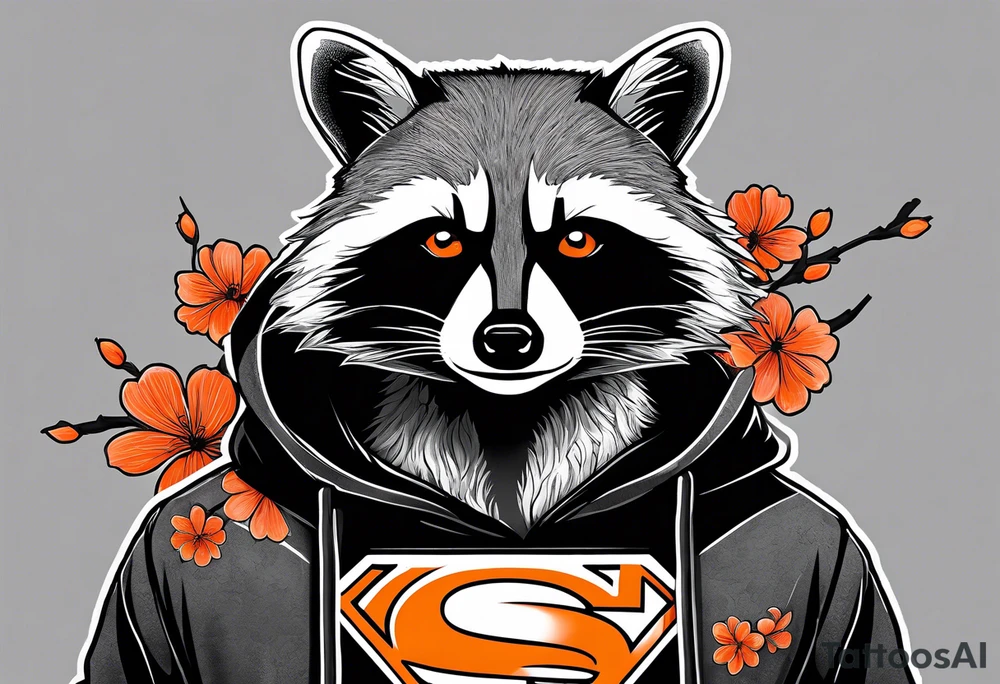 Raccoon wearing a white Superman logo on a black hoodie and orange Japanese cherry blossoms beside tattoo idea